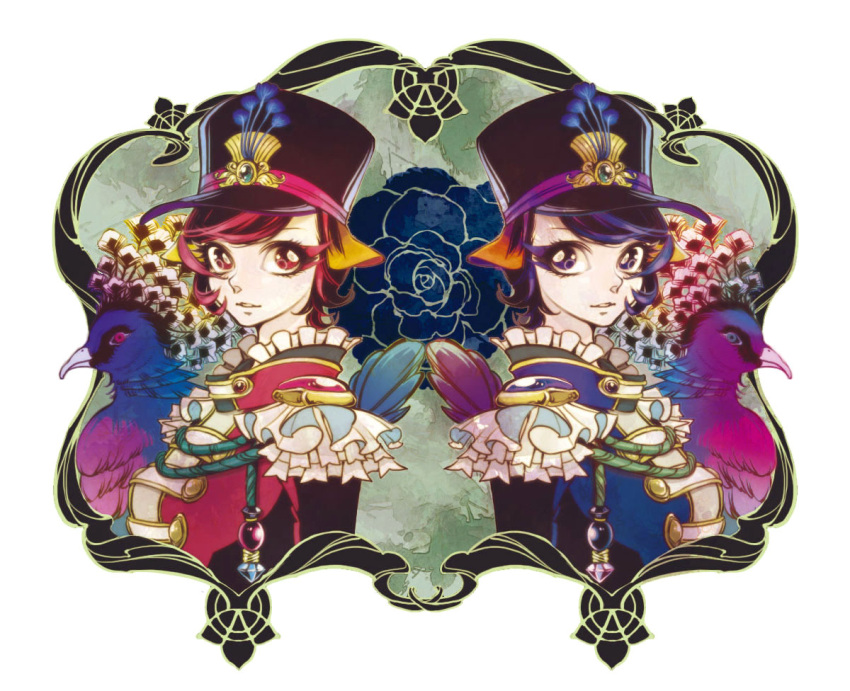 bad_id, bird, elaborate_frame, flower, frame, multiple_girls, oooocha, original
