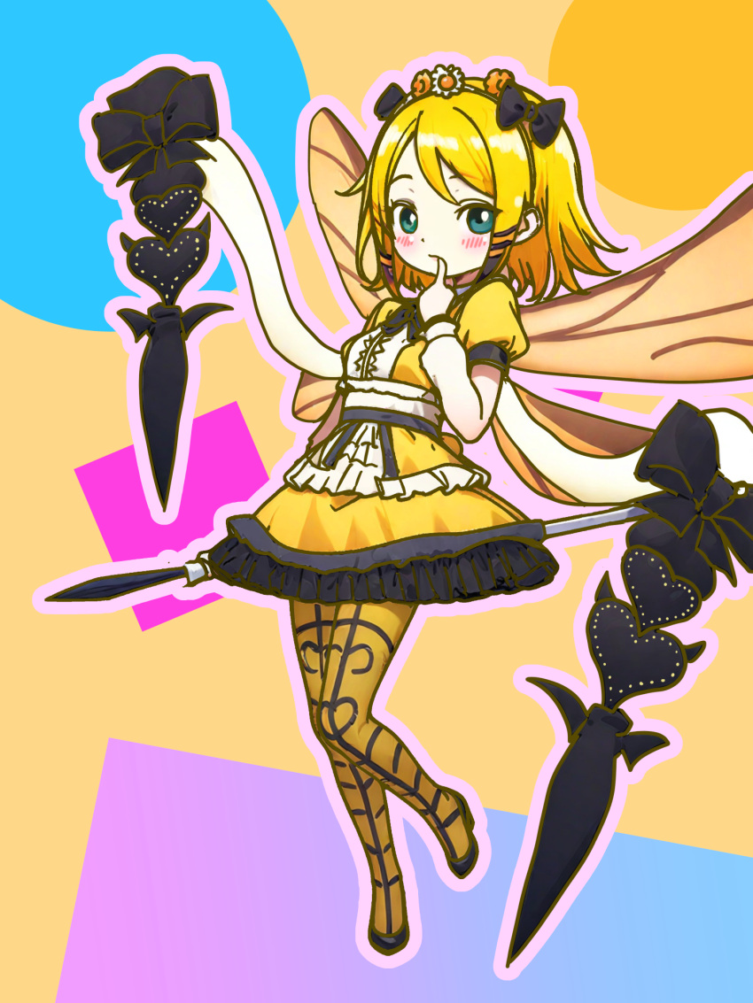1girl, black_bow, black_bowtie, black_hair, blonde_hair, blush, boots, bow