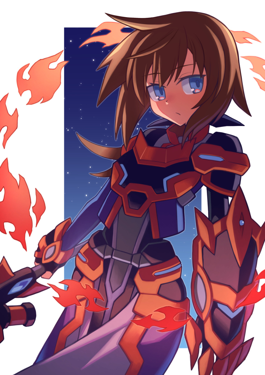 1girl, armor, blue_eyes, border, brown_hair, closed_mouth, cowboy_shot, eyelashes