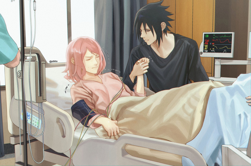 1girl, 2boys, absurdres, bed, bed_sheet, black_hair, black_shirt, boruto:_naruto_next_generations, closed_eyes, closed_mouth, curtains, giving_birth, haruno_sakura, highres, holding_hands, hospital, hospital_bed, hospital_gown, husband_and_wife, indoors, intravenous_drip, long_sleeves, lying, multiple_boys, naruto_(series), niku_(ni23ku), nurse, on_back, pink_hair, pregnant, rinnegan, shirt, spiky_hair, uchiha_sasuke, v-shaped_eyebrows, window