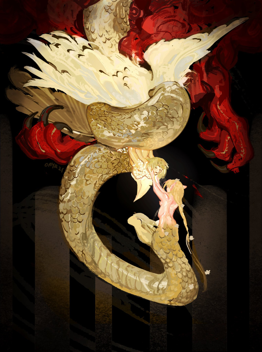 2girls, blonde_hair, chimera, closed_eyes, commentary, dungeon_meshi, english_commentary, falin_touden