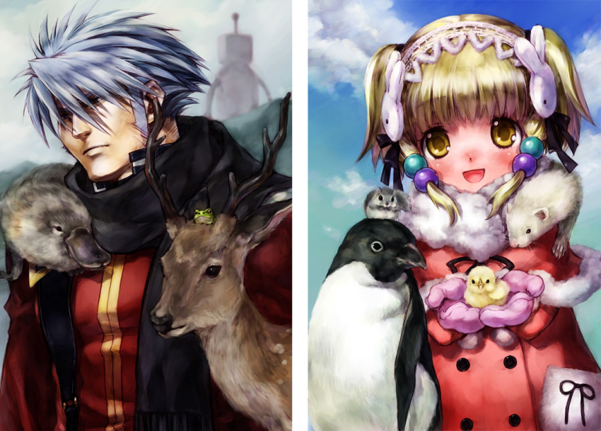 animal, bird, blonde_hair, blush, chick, coat, cupping_hands, deer
