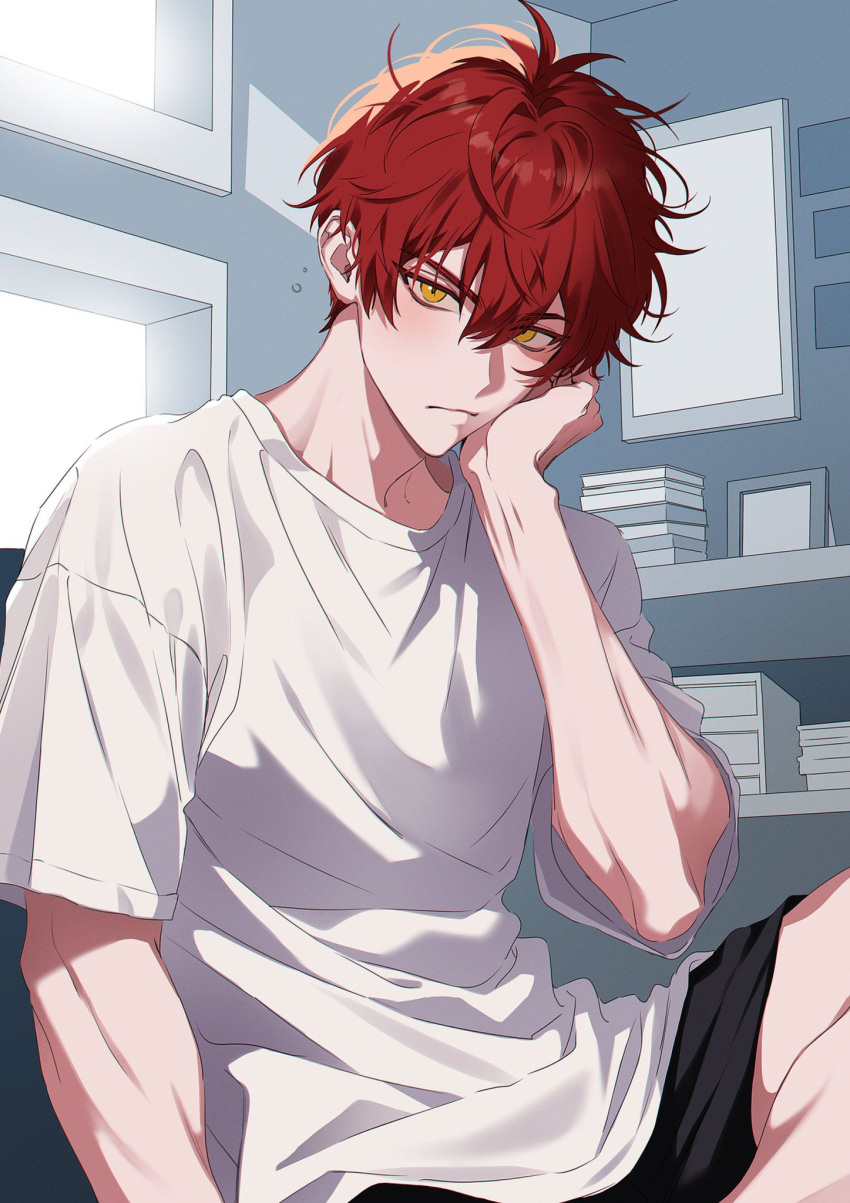 1boy, arm_up, black_shorts, blush, book, book_stack, chair, commentary, cropped_legs, english_commentary, hair_between_eyes, hand_on_own_face, highres, knee_up, looking_at_viewer, male_focus, original, owo_renren, picture_frame, redhead, shelf, shirt, short_sleeves, shorts, sitting, solo, straight-on, t-shirt, upper_body, white_shirt, window, yellow_eyes