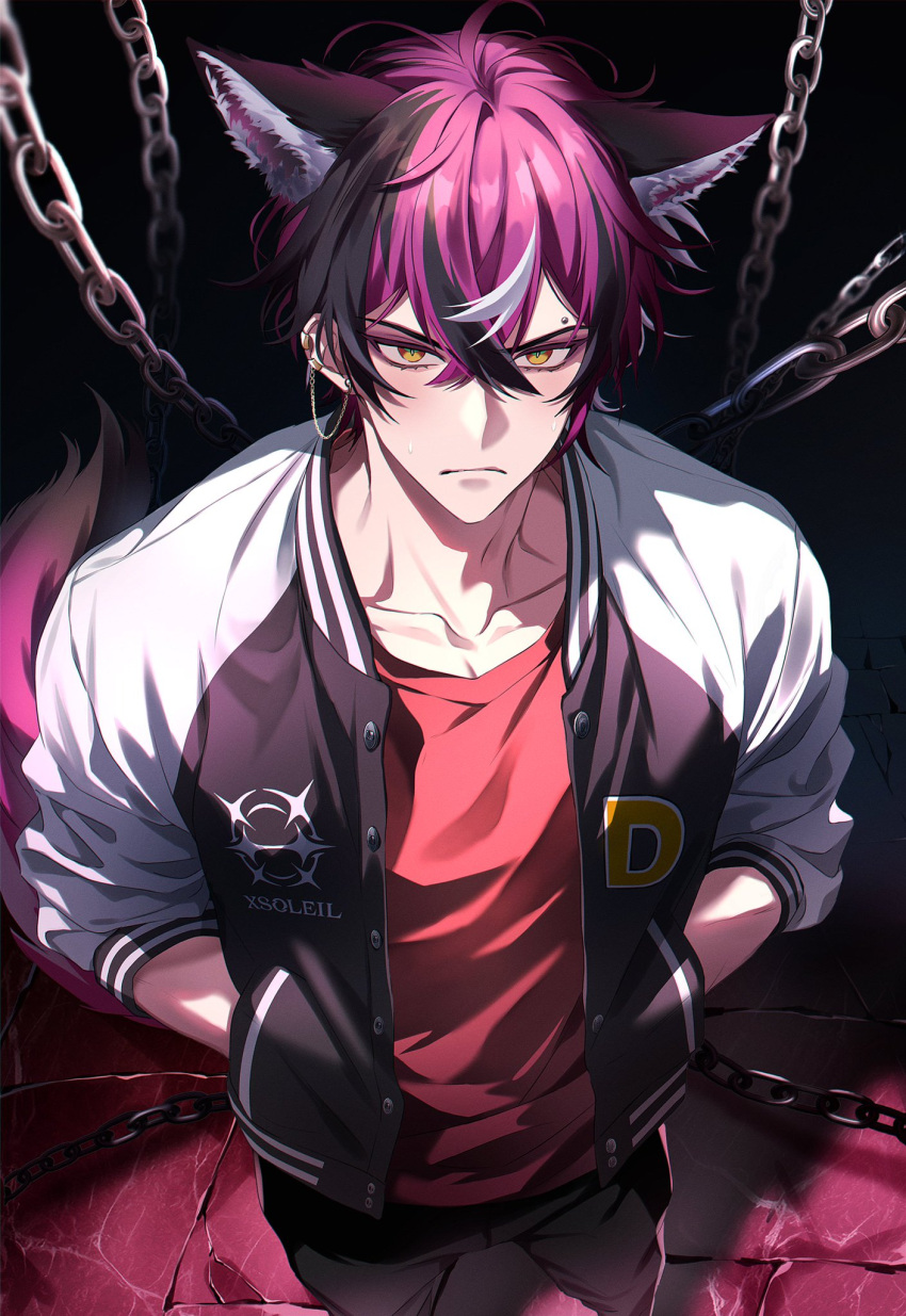 1boy, animal_ears, black_background, black_pants, chain, chain_earrings, closed_mouth, collarbone