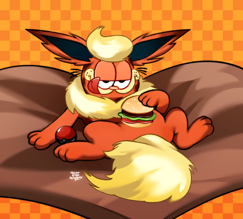 artist_name, burger, checkered_background, chocoholicmonkey, crossover, flareon, food, fusion, garfield, garfield_(character), highres, holding, holding_burger, holding_food, licking_lips, lying, no_humans, on_back, orange_background, orange_fur, pokemon, pokemon_(creature), solo, tongue, tongue_out, two-tone_fur, white_fur