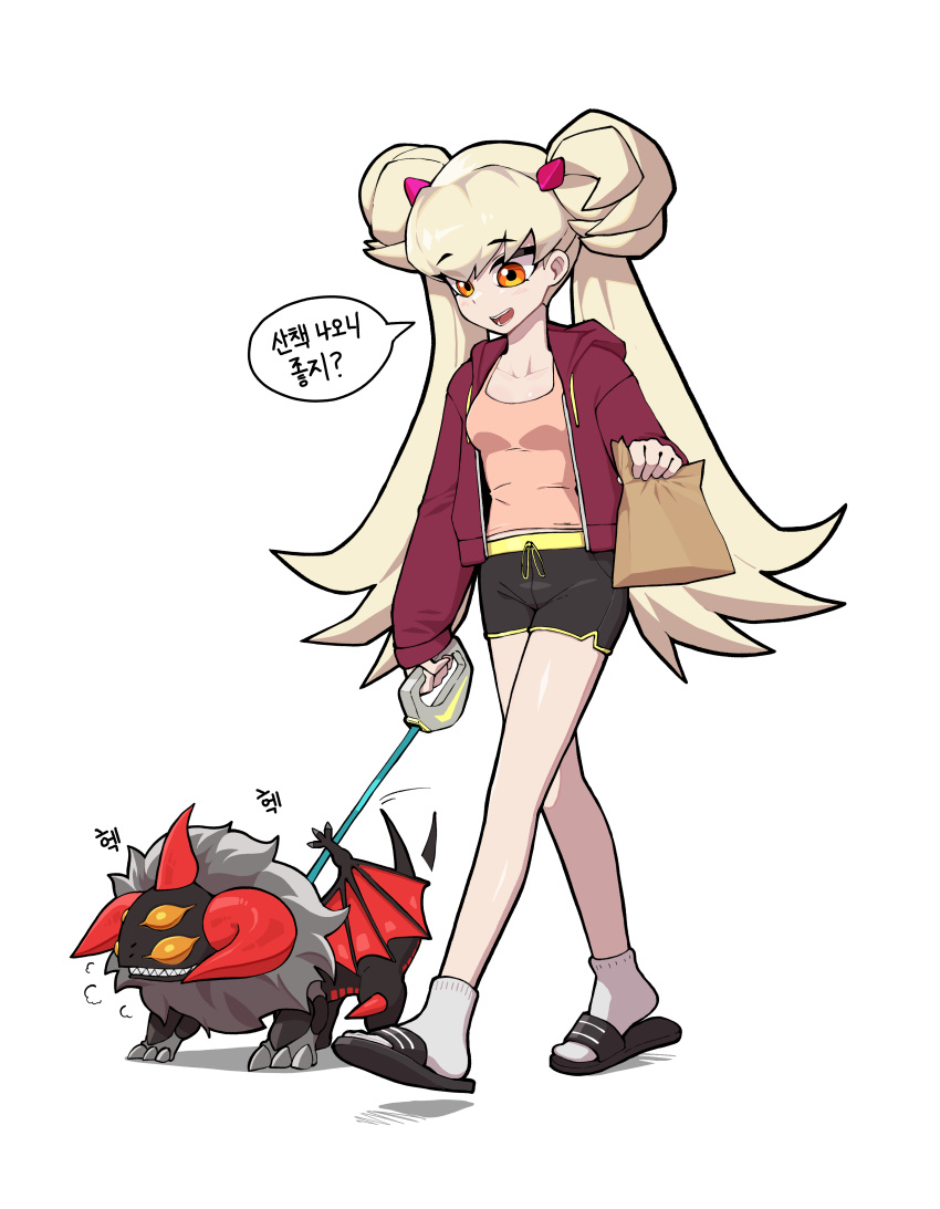 1girl, absurdres, black_pants, blonde_hair, casual, centur-ion_primera, dillo_(smootharmadillo), double_bun, dragon, duel_monster, hair_bun, highres, hot_red_dragon_archfiend_king_calamity, jacket, korean_text, leash, orange_eyes, pants, red_jacket, sandals, socks, translated, twintails, walking, white_background, white_socks, yu-gi-oh!