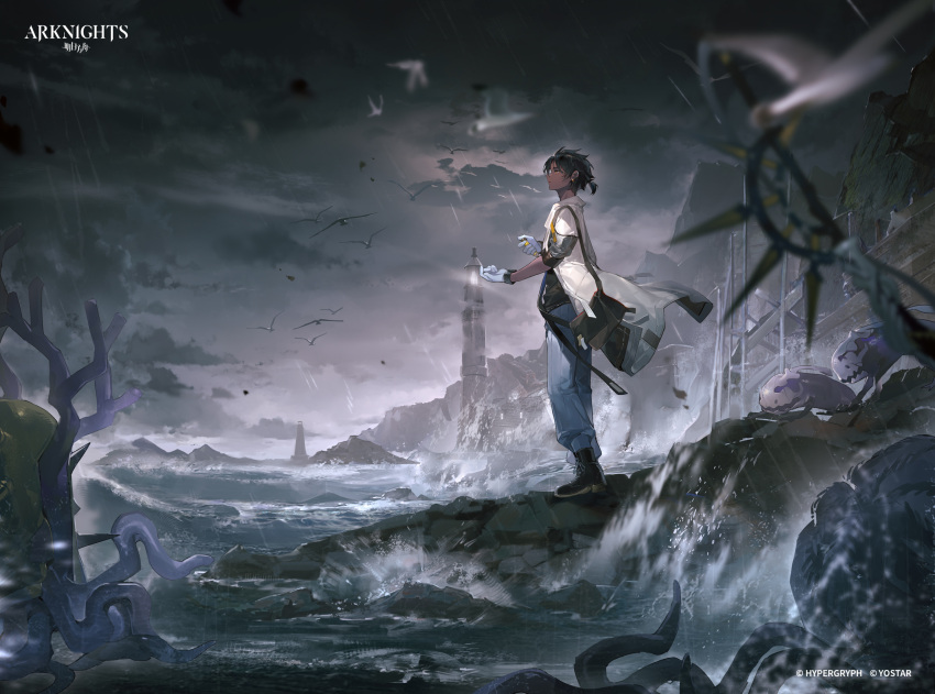1boy, arknights, bird, clouds, cloudy_sky, commentary_request, company_name, copyright_name