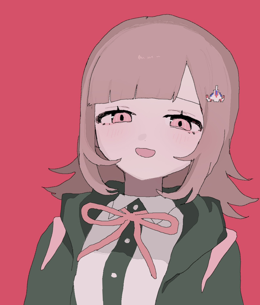 1girl, breasts, brown_hair, collared_shirt, danganronpa_(series), danganronpa_2:_goodbye_despair, flipped_hair, galaga