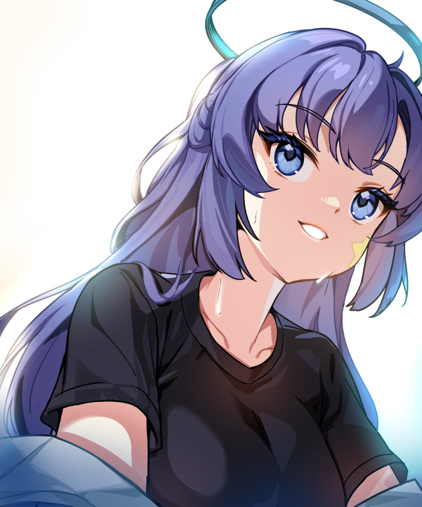 1girl, black_shirt, blue_archive, blue_eyes, blue_hair, breasts, ebi_bento, halo