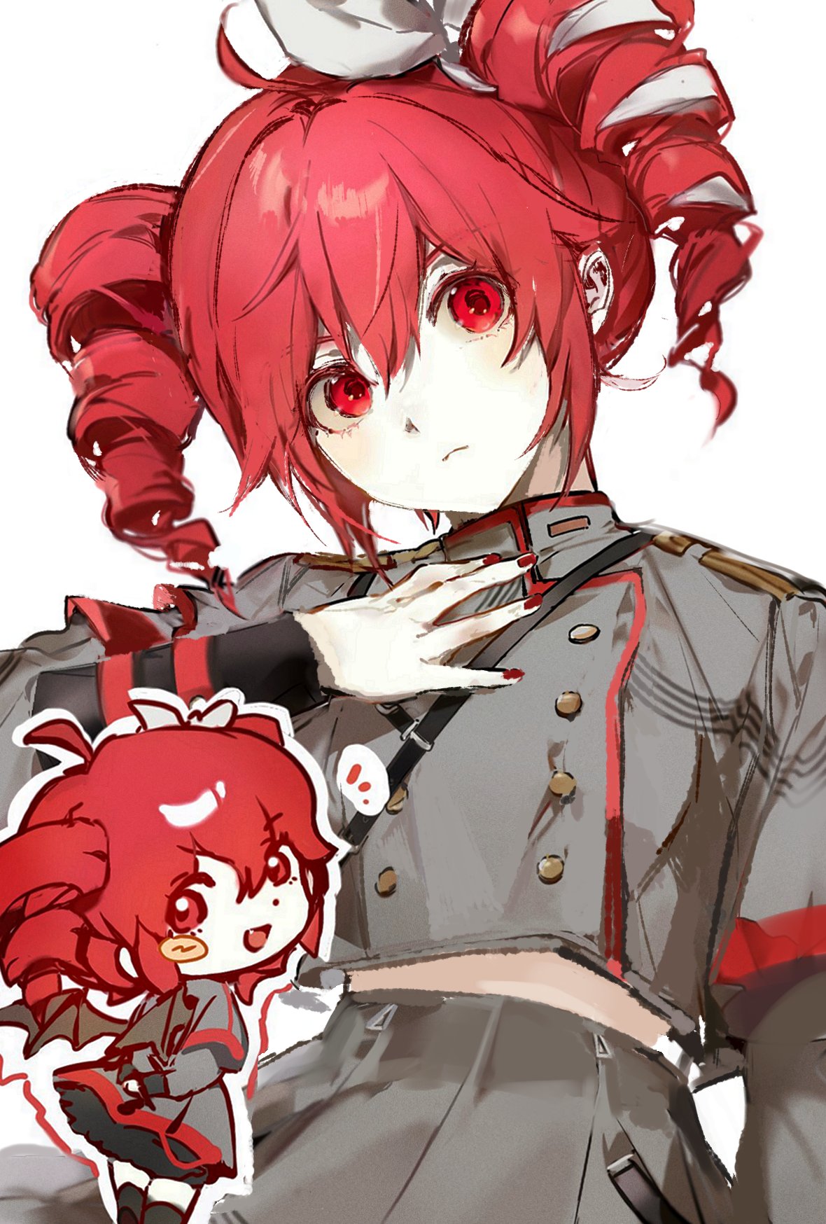 1girl, ahoge, arms_behind_back, bat_wings, black_thighhighs, blush, blush_stickers, bow, buttons, chibi, closed_mouth, cropped_jacket, cropped_legs, drill_hair, fang, grey_jacket, grey_skirt, hair_bow, hair_ornament, hand_on_own_chest, highres, jacket, kasane_teto, kasane_teto_(sv), looking_at_viewer, looking_back, medium_bangs, multicolored_hair, multiple_views, munjiduck, nail_polish, open_mouth, own_hands_together, pale_skin, red_eyes, red_nails, redhead, skirt, streaked_hair, synthesizer_v, thigh-highs, twin_drills, twintails, upper_body, vocaloid, white_background, white_bow, wings