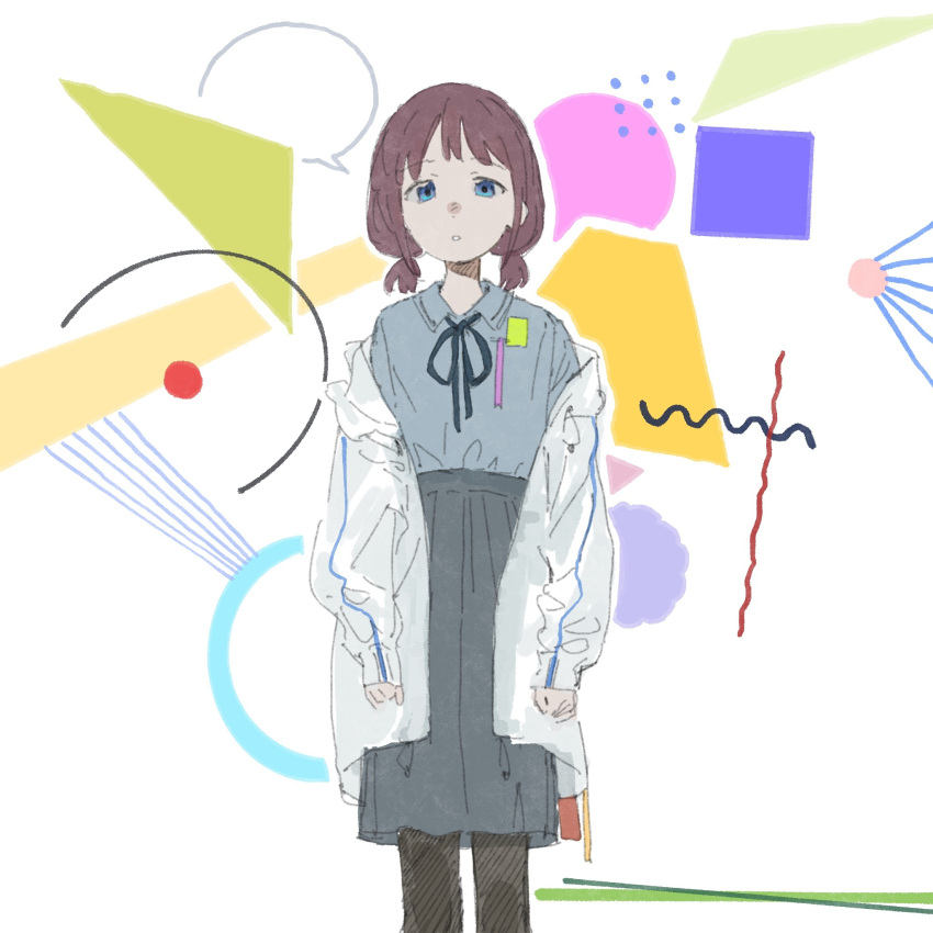 1girl, black_pantyhose, blue_eyes, blue_ribbon, blue_shirt, blue_skirt, brown_hair, chinese_commentary