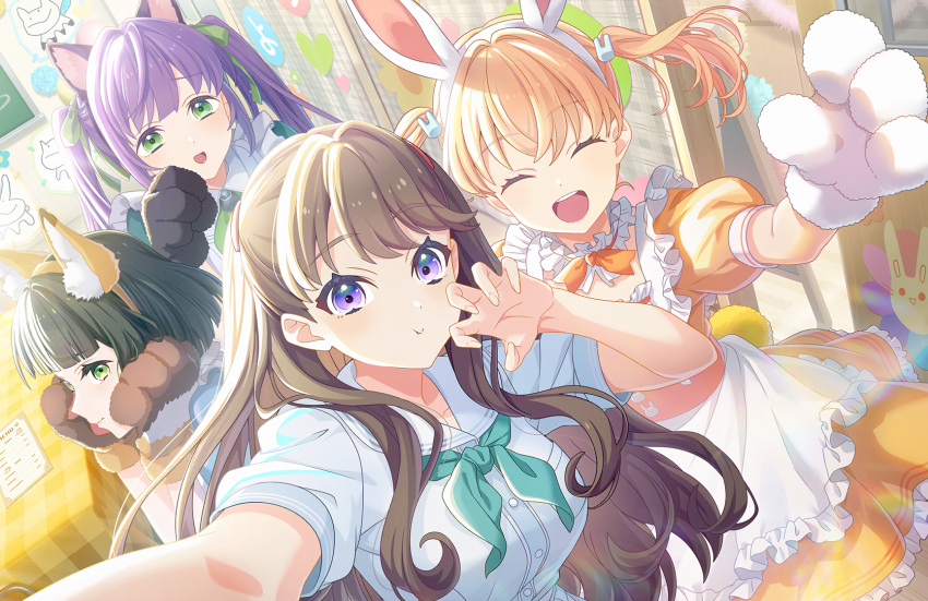 4girls, :d, :t, ^_^, animal_ear_fluff, animal_ear_hairband, animal_ears, animal_hands