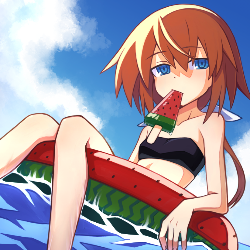 1girl, bikini, black_bikini, blue_eyes, blue_sky, brown_hair, collarbone, fingernails