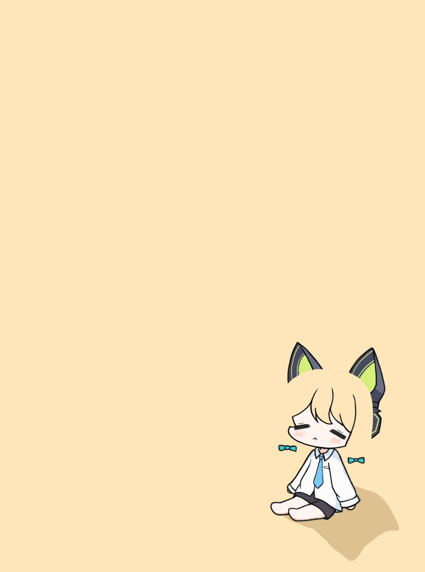 1girl, :<, =_=, absurdres, animal_ear_headphones, animal_ears, aqua_bow, aqua_necktie
