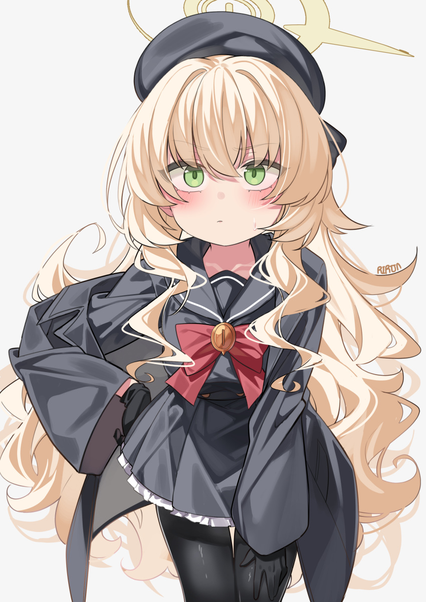 1girl, absurdres, beret, black_coat, black_gloves, black_hat, black_pantyhose, black_sailor_collar, black_serafuku, black_shirt, black_skirt, blonde_hair, blue_archive, blush, bow, bowtie, closed_mouth, coat, commentary_request, gloves, green_eyes, halo, hand_on_own_hip, hat, highres, leaning_forward, looking_at_viewer, pantyhose, professor_niyaniya_(blue_archive), red_bow, red_bowtie, rirua_(kjom802), sailor_collar, school_uniform, serafuku, shirt, simple_background, skirt, solo, upper_body, white_background, yellow_halo