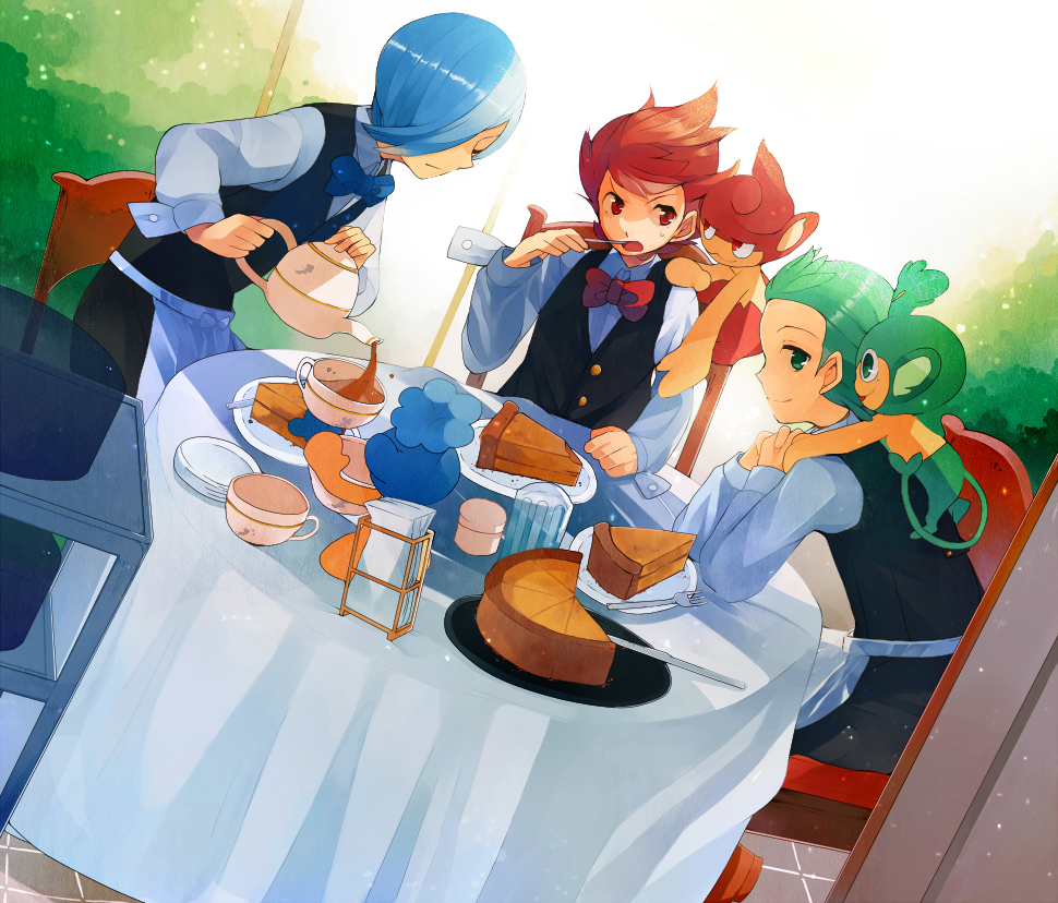 3boys, bartender, blue_hair, cake, chili_(pokemon), cilan_(pokemon), closed_eyes, cress_(pokemon)