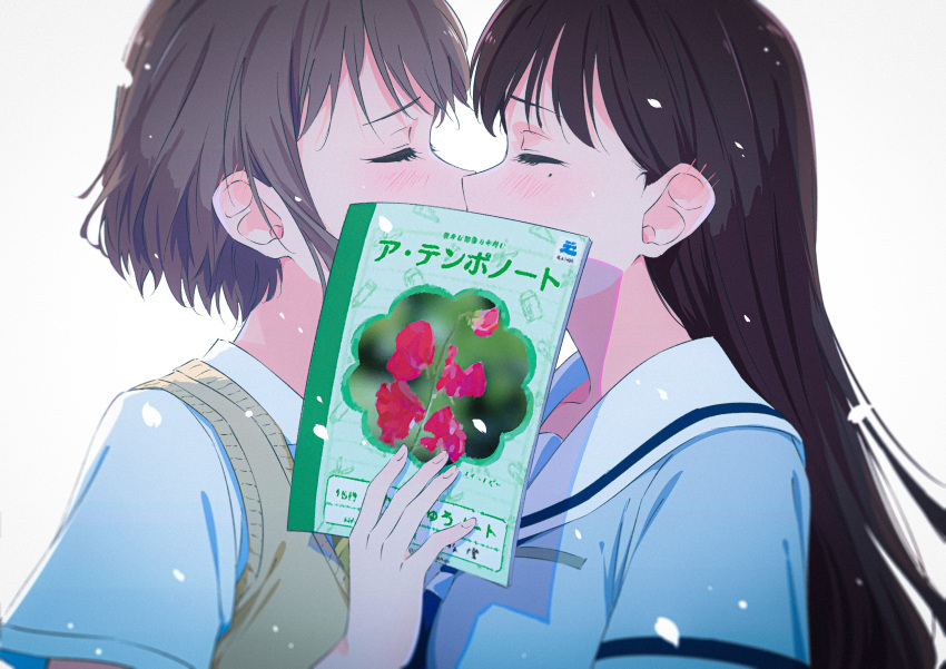 2girls, absurdres, bang_dream!, bang_dream!_it's_mygo!!!!!, blue_neckerchief, blue_shirt, blush, brown_hair, brown_sailor_collar, closed_eyes, commentary, ear_blush, falling_petals, grey_hair, hair_behind_ear, hanasakigawa_school_uniform, haneoka_school_uniform, highres, holding, holding_notebook, kiss, long_hair, mole, mole_under_eye, multiple_girls, neckerchief, notebook, petals, raito_taisha, sailor_collar, school_uniform, shiina_taki, shirt, short_hair, sidelocks, simple_background, takamatsu_tomori, upper_body, white_background, white_sailor_collar, white_shirt, yuri