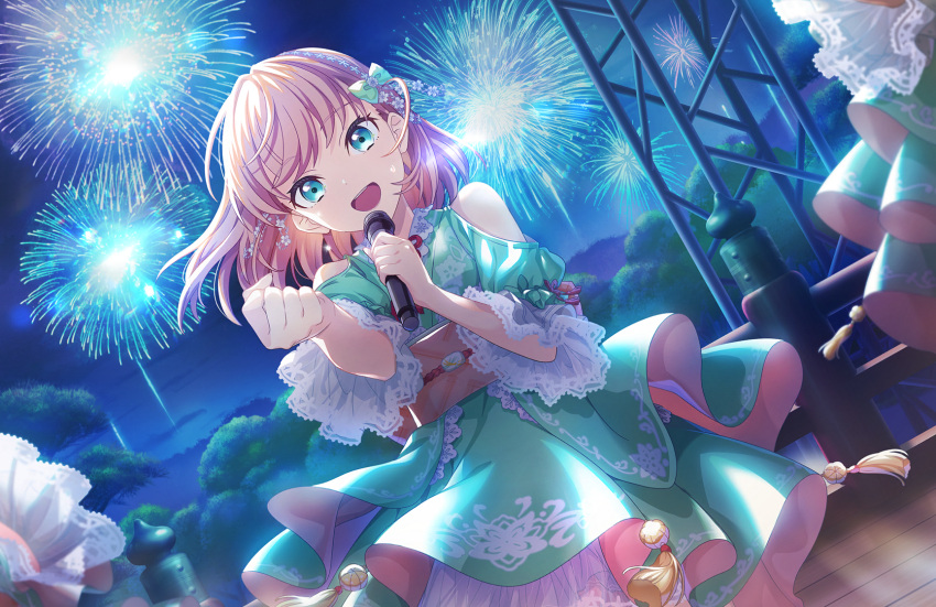 3girls, :d, aerial_fireworks, aoku_haruka, aqua_eyes, bow, clenched_hand, clothing_cutout