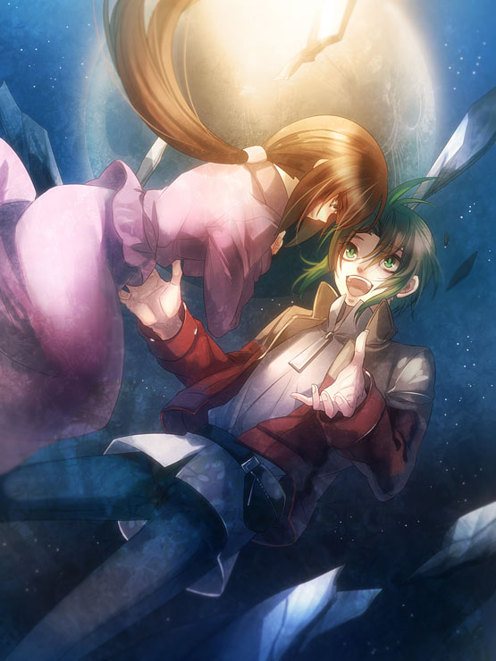 brown_hair, dress, garrod_ran, green_eyes, green_hair, gundam, jacket, moon