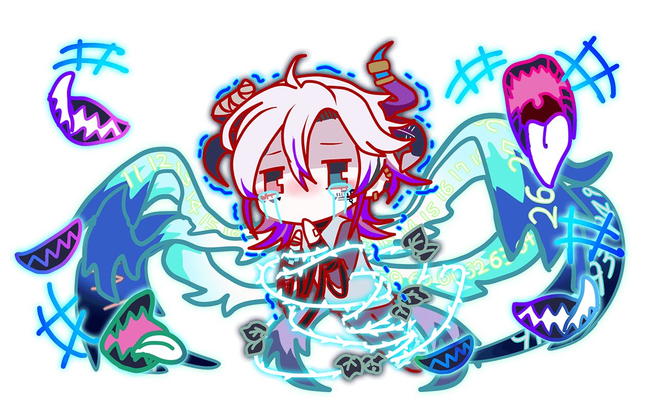 1boy, april_fools, aqua_outline, arm_wrap, artist_request, bandaged_horn, blue_eyes, blue_outline, blue_wings, blush, cel_shading, chibi, crash_fever, crying, despair_(crash_fever), earrings, facial_mark, full_body, game_cg, gradient_outline, green_outline, grey_sleeves, horns, jewelry, licking_lips, male_focus, multicolored_hair, multicolored_wings, no_mouth, official_art, open_mouth, outline, pale_skin, pink_eyes, pink_outline, plant, purple_hair, purple_outline, red_outline, solo, tachi-e, teeth, third-party_source, tongue, tongue_out, transparent_background, trembling, two-tone_hair, vines, white_hair, white_tongue, white_wings, wings