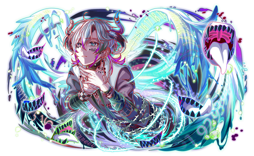 1boy, aqua_eyes, arm_wrap, artist_request, bandaged_horn, black_sclera, cel_shading, checkered_wrist_cuffs