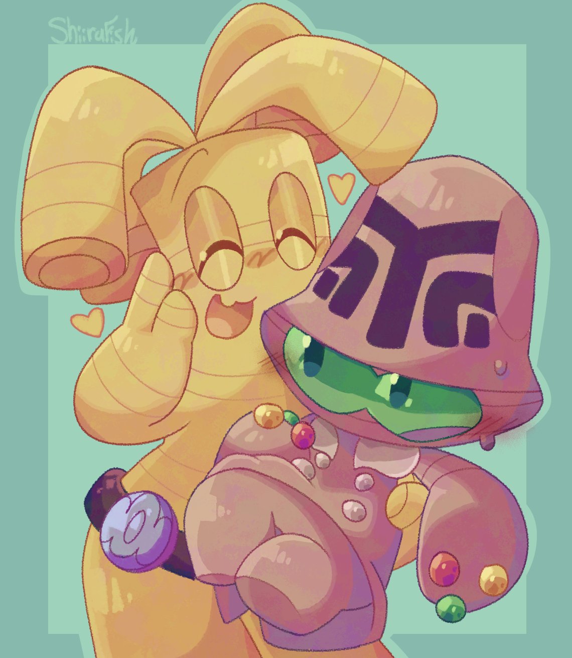 alien, beheeyem, carrying, carrying_person, gholdengo, gold, heart, highres