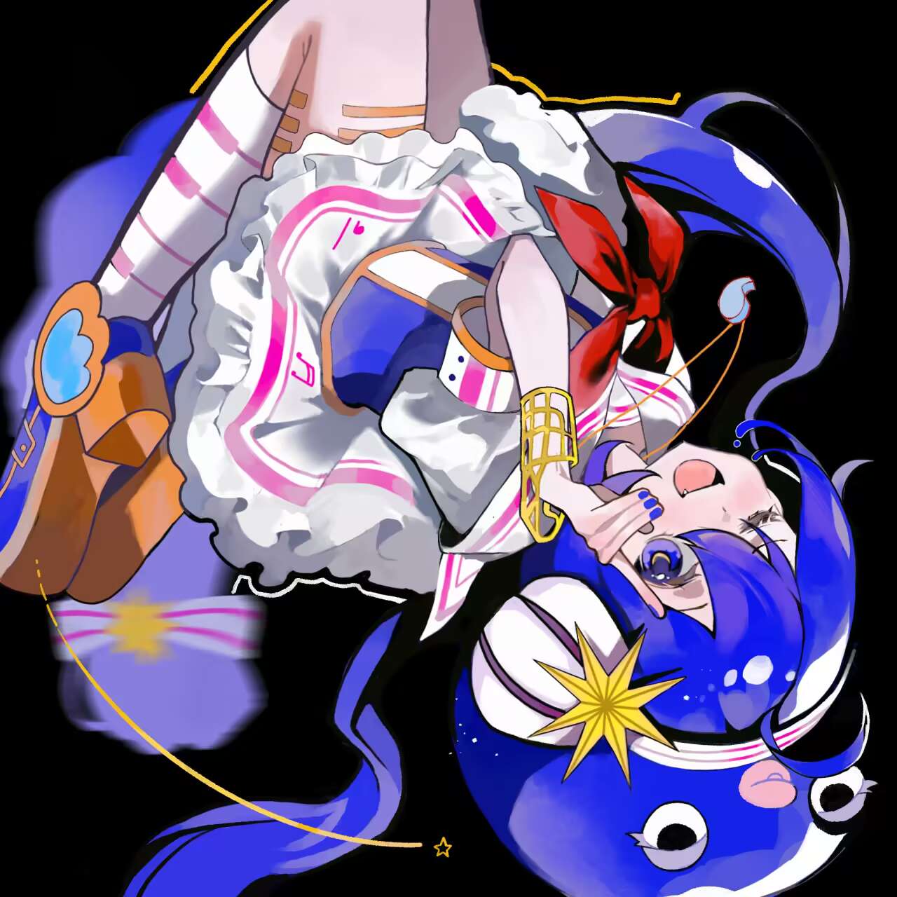 1girl, black_background, blue_eyes, blue_hair, blue_nails, blue_shirt, blush, boots