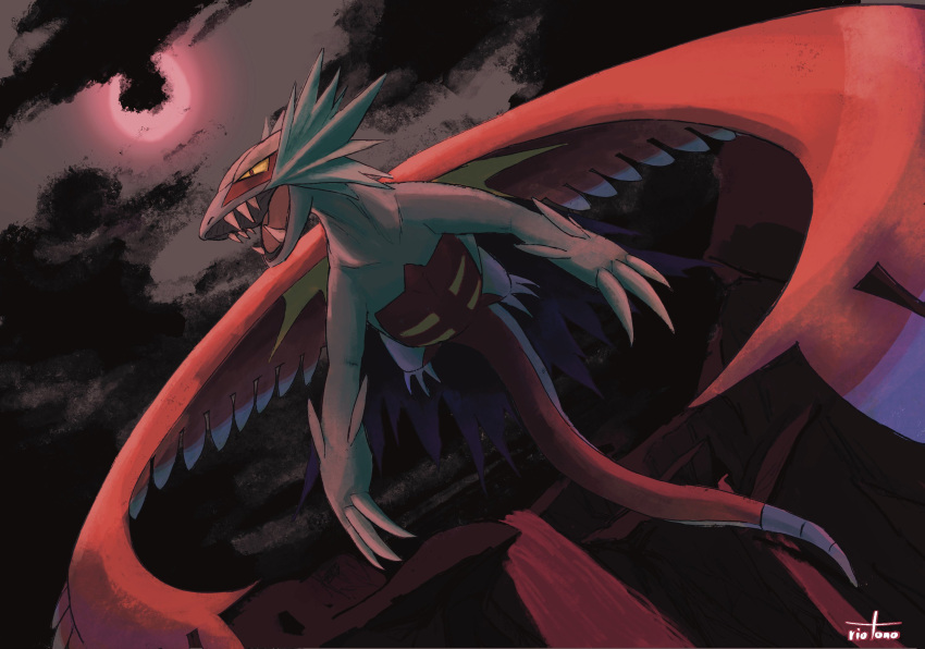 blue_skin, claws, clouds, cloudy_sky, colored_sclera, colored_skin, dark_clouds, dragon