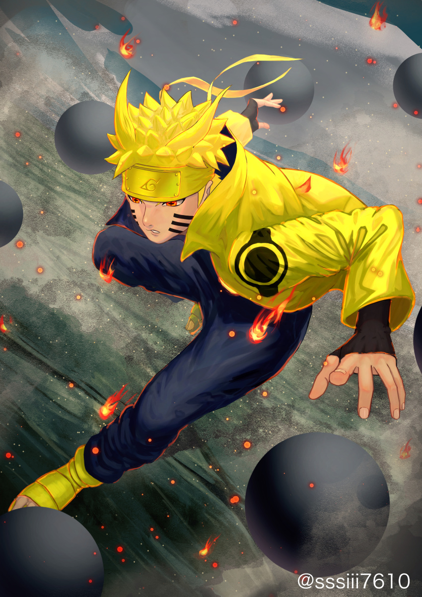 1boy, absurdres, black_pants, blonde_hair, facial_mark, forehead_protector, glowing, gold_aura