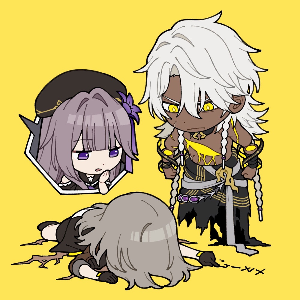 1boy, 2girls, :o, angry, black_gloves, black_hat, blunt_bangs, brown_hair, character_name, chibi, chibi_only, closed_mouth, commentary_request, dark_skin, dot_nose, expressionless, face_down, flower, gloves, grey_hair, hair_behind_ear, hand_up, hat, hat_flower, herta_(honkai:_star_rail), honkai:_star_rail, honkai_(series), kabeuchi_1105, long_hair, multiple_girls, nanook_(honkai:_star_rail), open_mouth, simple_background, stelle_(honkai:_star_rail), topless_male, trailblazer_(honkai:_star_rail), translation_request, v-shaped_eyebrows, violet_eyes, white_hair, writing, yellow_background, yellow_eyes