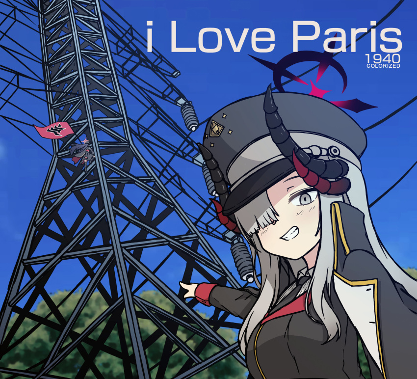 2girls, absurdres, black_coat, black_halo, black_hat, black_jacket, black_necktie, blue_archive
