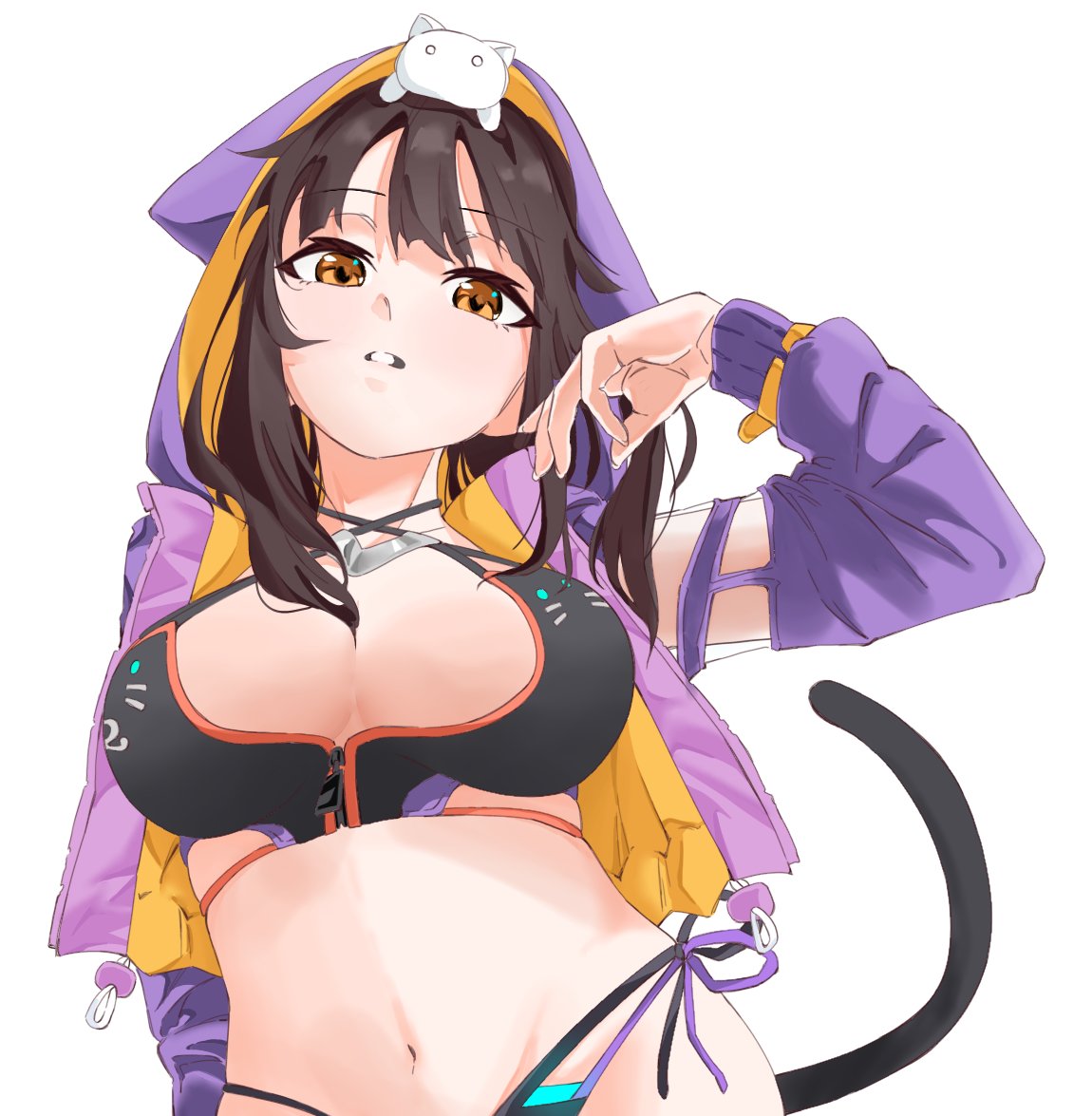 1girl, asakura_karen_(heaven_burns_red), bikini, black_bikini, black_hair, breasts, cat_ear_bikini, cropped_jacket