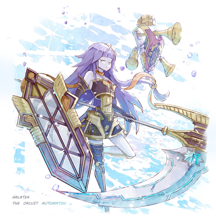 1girl, android, bare_shoulders, character_name, closed_eyes, duel_monster, elbow_gloves, feet_out_of_frame