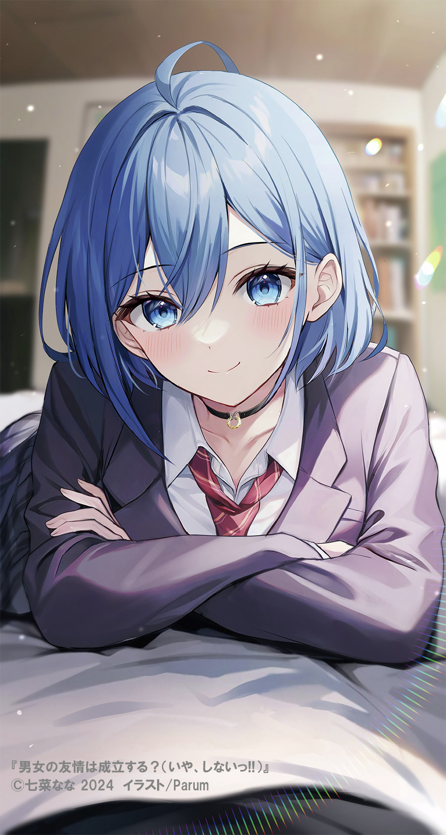 1girl, artist_name, bed_sheet, black_choker, blue_eyes, blue_hair, blurry, blurry_background