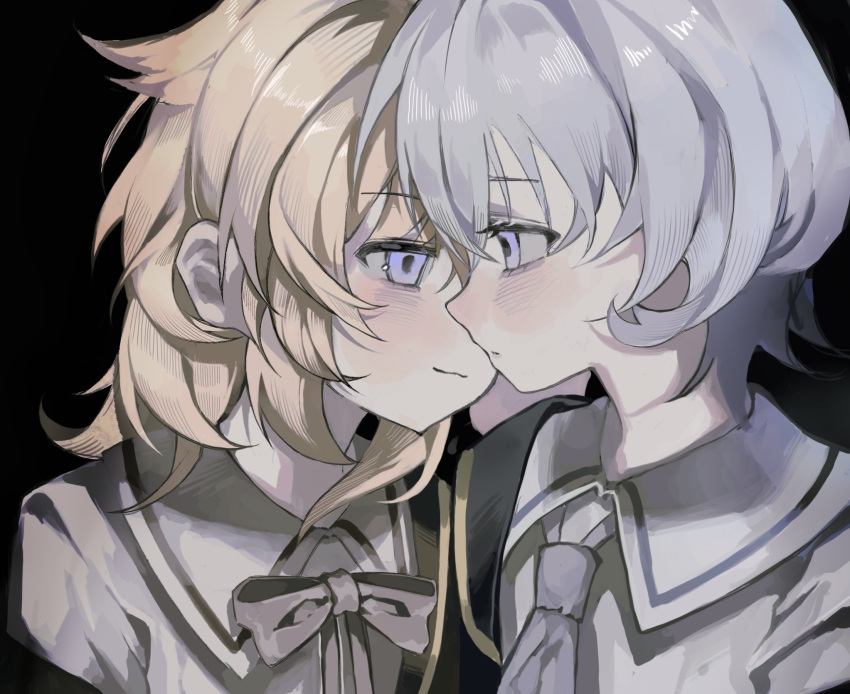 2girls, :3, black_background, black_jacket, blonde_hair, blush, brown_ribbon, brown_shirt, chinese_commentary, closed_mouth, collared_shirt, commentary_request, eye_contact, face-to-face, grey_hair, grey_necktie, grey_shirt, highres, jacket, li_(pixiv_93914145), looking_at_another, medium_hair, mikazuki_step_(vocaloid), multiple_girls, neck_ribbon, necktie, off_shoulder, one_eye_covered, ribbon, shirt, short_hair, simple_background, smile, upper_body, violet_eyes, vocaloid