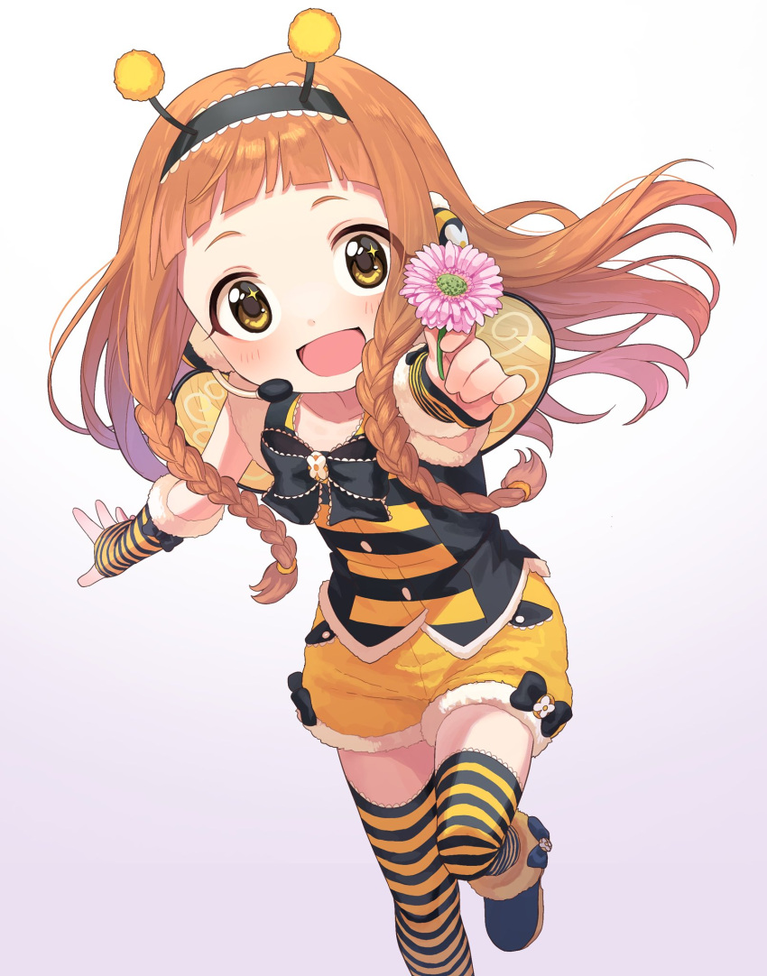 1girl, bee_costume, bee_wings, black_bow, black_bowtie, black_footwear, black_hairband, black_shirt