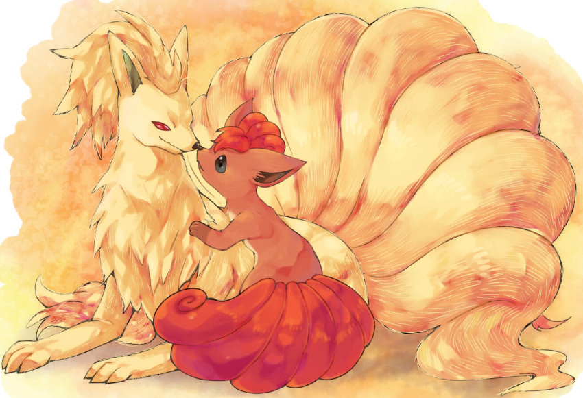 ajinomisni, closed_mouth, evolutionary_line, kitsune, looking_at_another, ninetales, no_humans, orange_fur