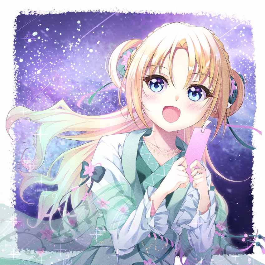 1girl, :d, blonde_hair, blue_eyes, blue_hair, blush, border, braid
