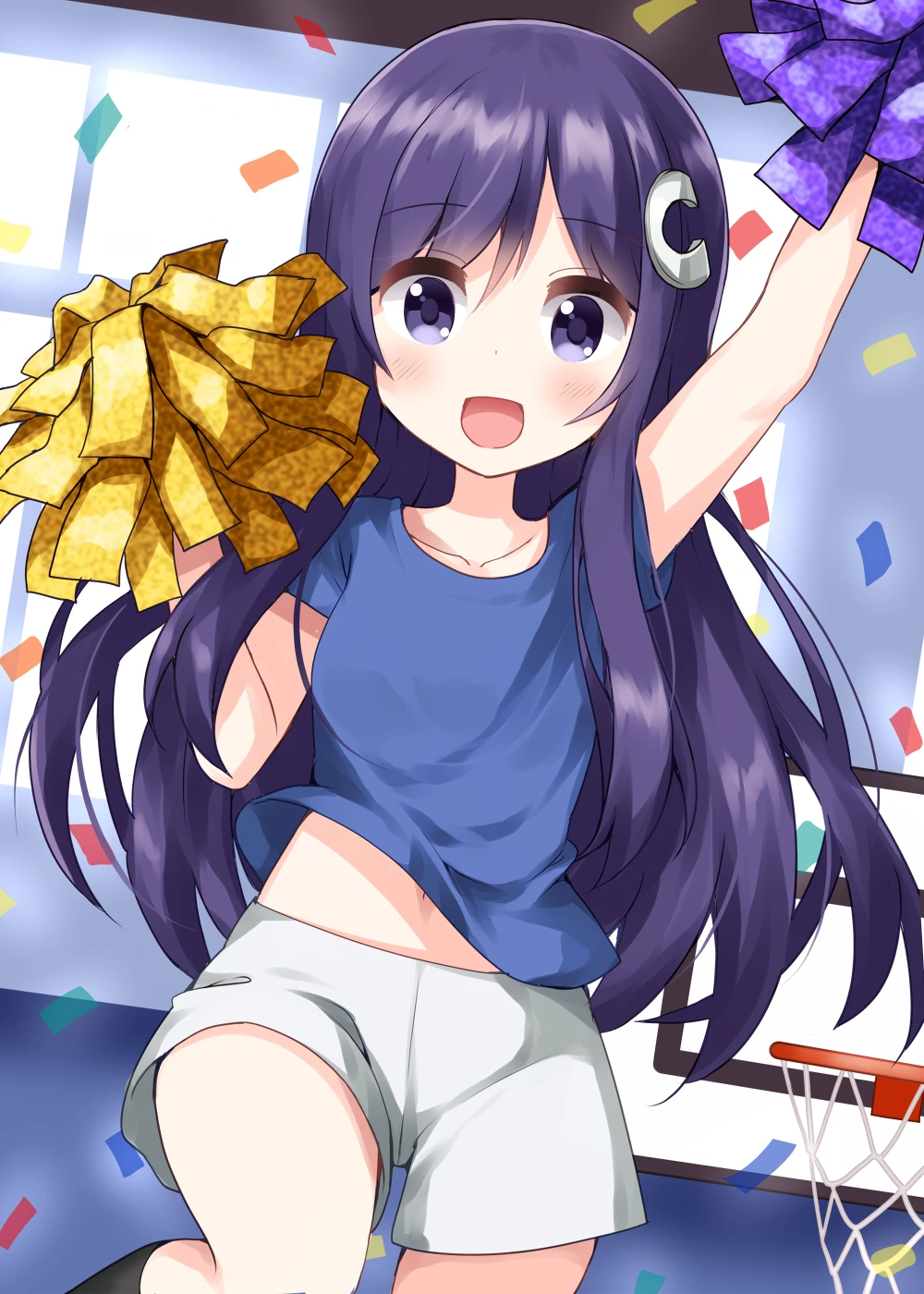 1girl, anima_yell!, arima_hizume, blue_eyes, blue_hair, blue_t-shirt, cheering, cheerleader