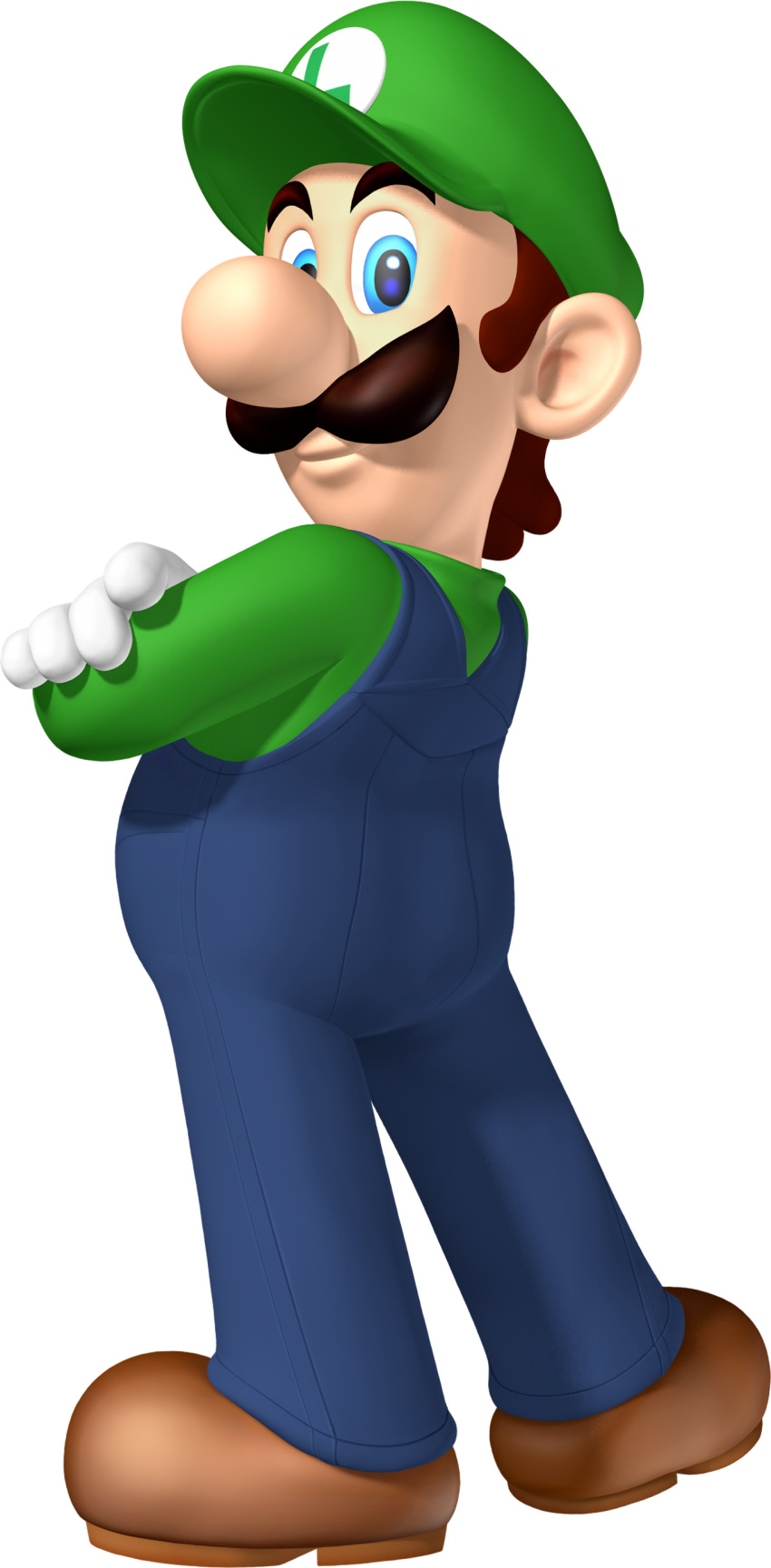 1boy, 3d, absurdres, blue_eyes, blue_overalls, brown_footwear, brown_hair, cabbie_hat, closed_mouth, clothes_writing, crossed_arms, dance_dance_revolution, dance_dance_revolution:_mario_mix, facial_hair, from_behind, full_body, gloves, green_hat, green_shirt, happy, hat, highres, long_sleeves, looking_at_viewer, looking_back, luigi, male_focus, mustache, official_art, overalls, shirt, shoes, short_hair, simple_background, smile, solo, standing, super_mario_bros., third-party_source, transparent_background, white_gloves
