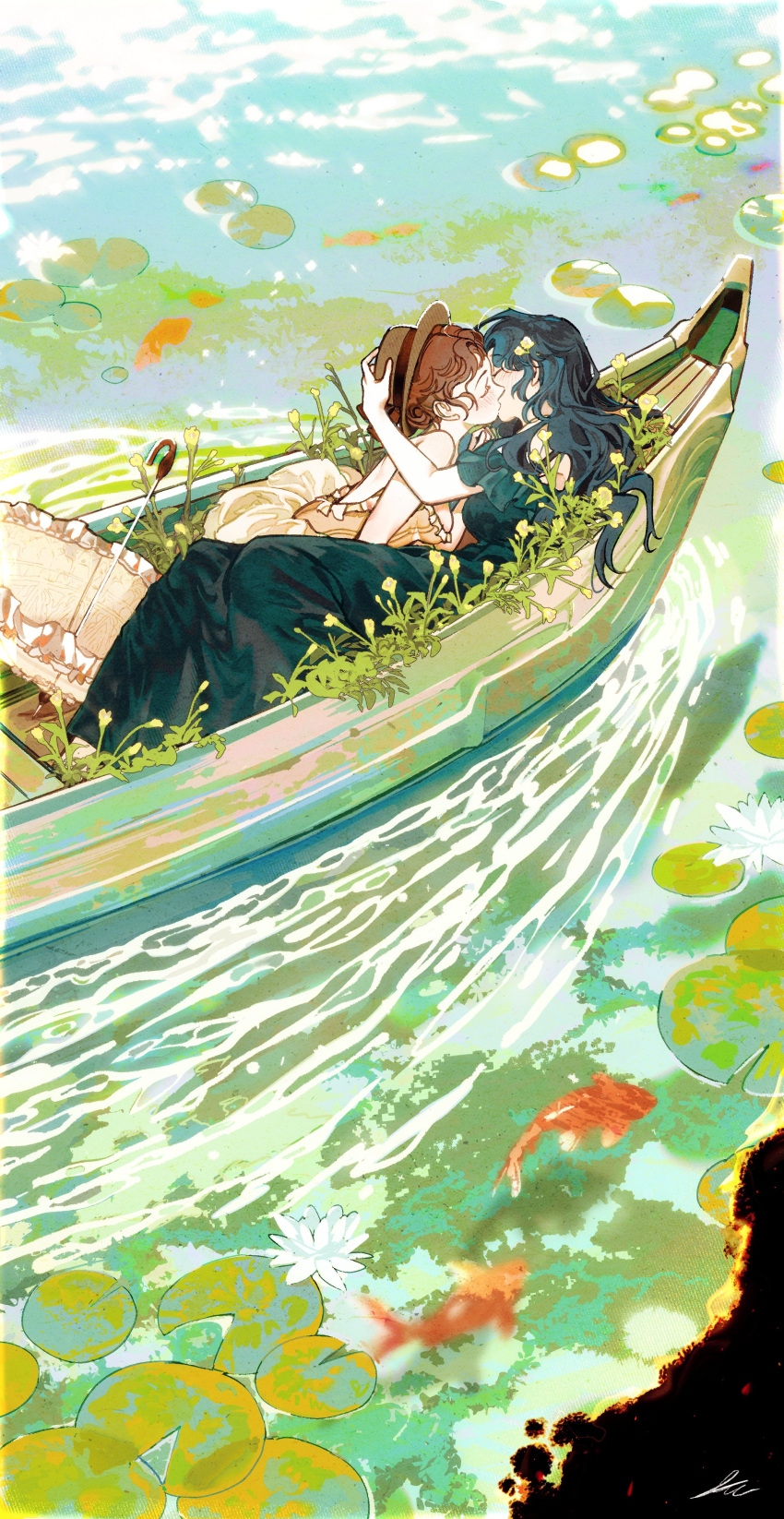2girls, absurdres, black_dress, black_hair, boat, brown_hair, brown_hat, canoe, check_copyright, closed_eyes, commentary, copyright_request, dress, english_commentary, fish, flower, hair_flower, hair_ornament, hand_on_another's_head, hat, highres, kiss, lily_pad, long_hair, lying, multiple_girls, original, parasol, toktin_zq, umbrella, water, watercraft, yuri