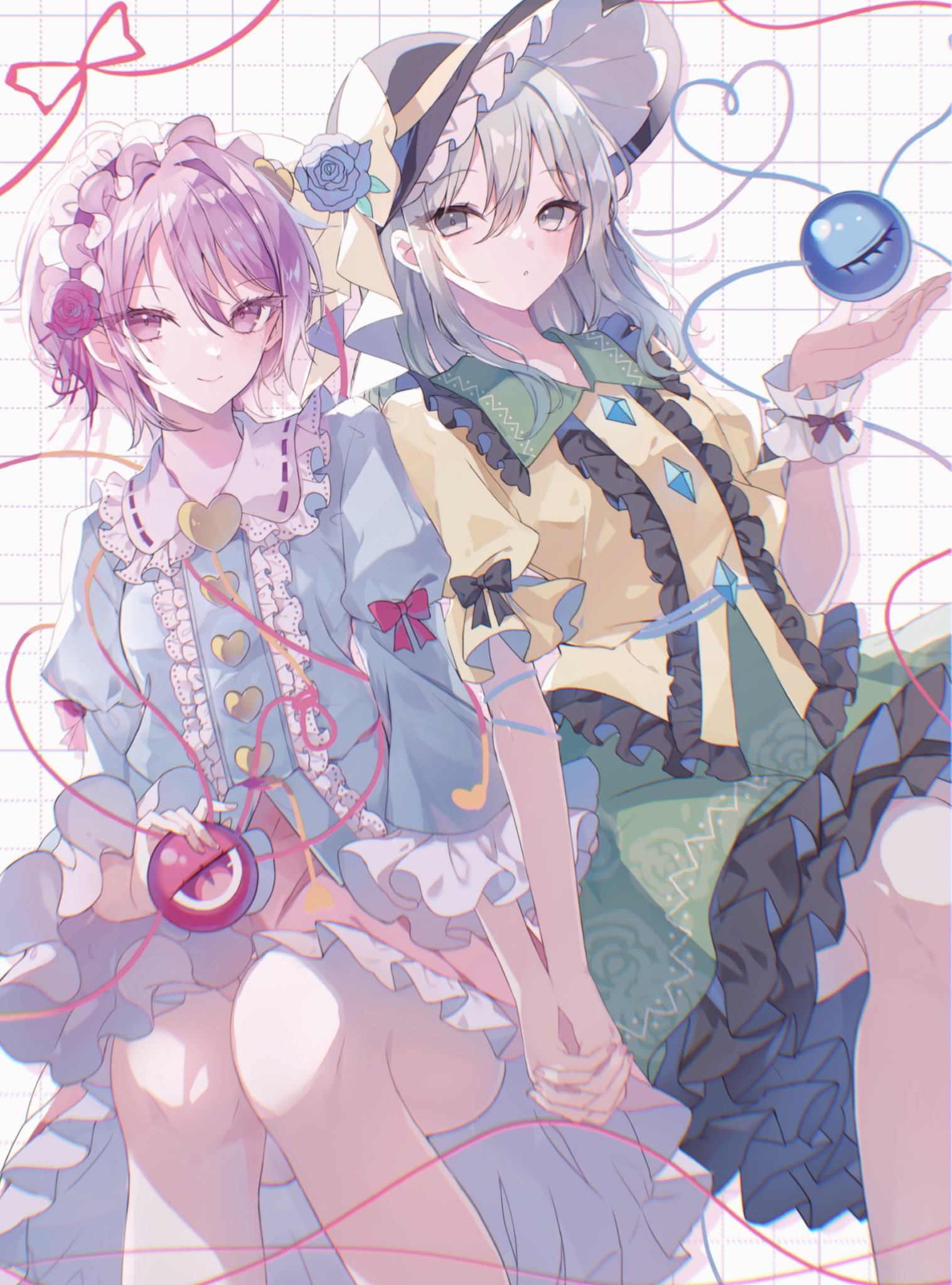 2girls, :o, black_hairband, black_hat, blouse, blue_flower, blue_rose, blue_shirt