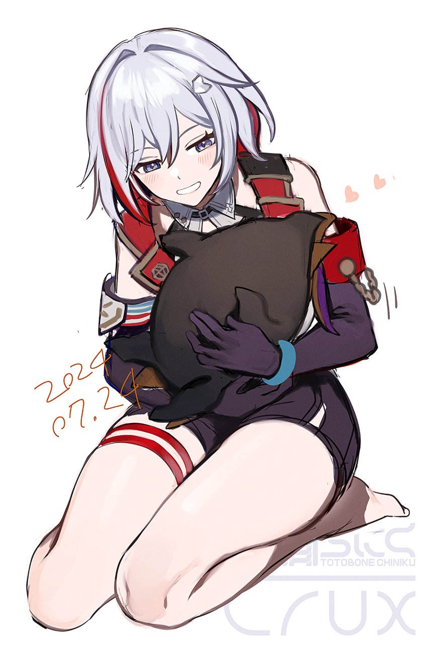 1girl, bare_shoulders, barefoot, black_collar, blue_eyes, blush, bracelet, chinikuniku