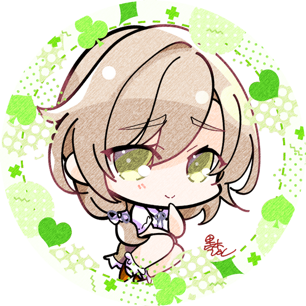 1girl, brown_hair, chibi, closed_mouth, commentary_request, eyes_visible_through_hair, green_eyes, hair_between_eyes, hand_up, hinocchio_bkrk, light_blush, long_hair, looking_at_viewer, low-tied_long_hair, mikuni_sairi, raised_eyebrows, shirt, short_sleeves, signature, simple_background, sitting, smile, solo, split_mouth, tenshi_souzou_re-boot!, thick_eyebrows, white_background, white_shirt, yokozuwari