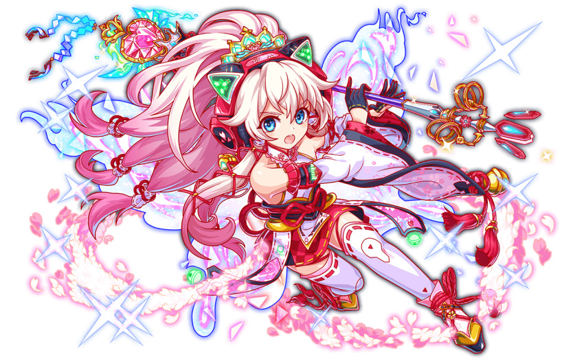 alternate_costume, alternate_hair_color, alternate_hair_length, alternate_hairstyle, animal_ear_headphones, animal_ears, aqua_eyes, artist_request, bare_shoulders, bell, black_gloves, blue_outline, blush, cat_ear_headphones, cat_ears, cel_shading, checkered_clothes, checkered_skirt, cherry_blossoms, collar, colored_tips, crash_fever, fake_animal_ears, floral_print_sleeves, footwear_request, full_body, gambanteinn_(crash_fever), game_cg, gloves, gold_tiara, hair_between_eyes, hair_tubes, headphones, heart, holding, holding_staff, japanese_clothes, jingle_bell, kimono, legs_apart, long_hair, long_sleeves, miniskirt, multicolored_hair, number_print, numbered, obi, obiage, obijime, official_alternate_costume, official_alternate_hair_color, official_alternate_hair_length, official_alternate_hairstyle, official_art, open_mouth, outline, pink_hair, pink_petals, red_headphones, red_outline, red_skirt, ribbon-trimmed_gloves, ribbon-trimmed_thighhighs, ribbon_trim, sash, skirt, sleeveless, sleeveless_kimono, solo, square, square_print, staff, tachi-e, tassel, teeth, thigh-highs, third-party_source, tiara, transparent_background, triangle_print, upper_teeth_only, v-shaped_eyebrows, very_long_hair, white_collar, white_hair, white_kimono, white_sleeves, white_thighhighs, wide_sleeves