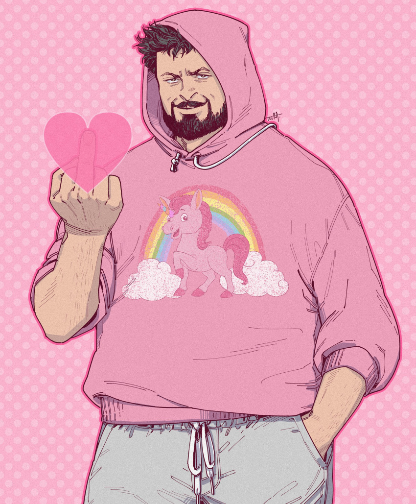 1boy, alternate_costume, beard, billy_butcher, cowboy_shot, facial_hair, full_beard, heart
