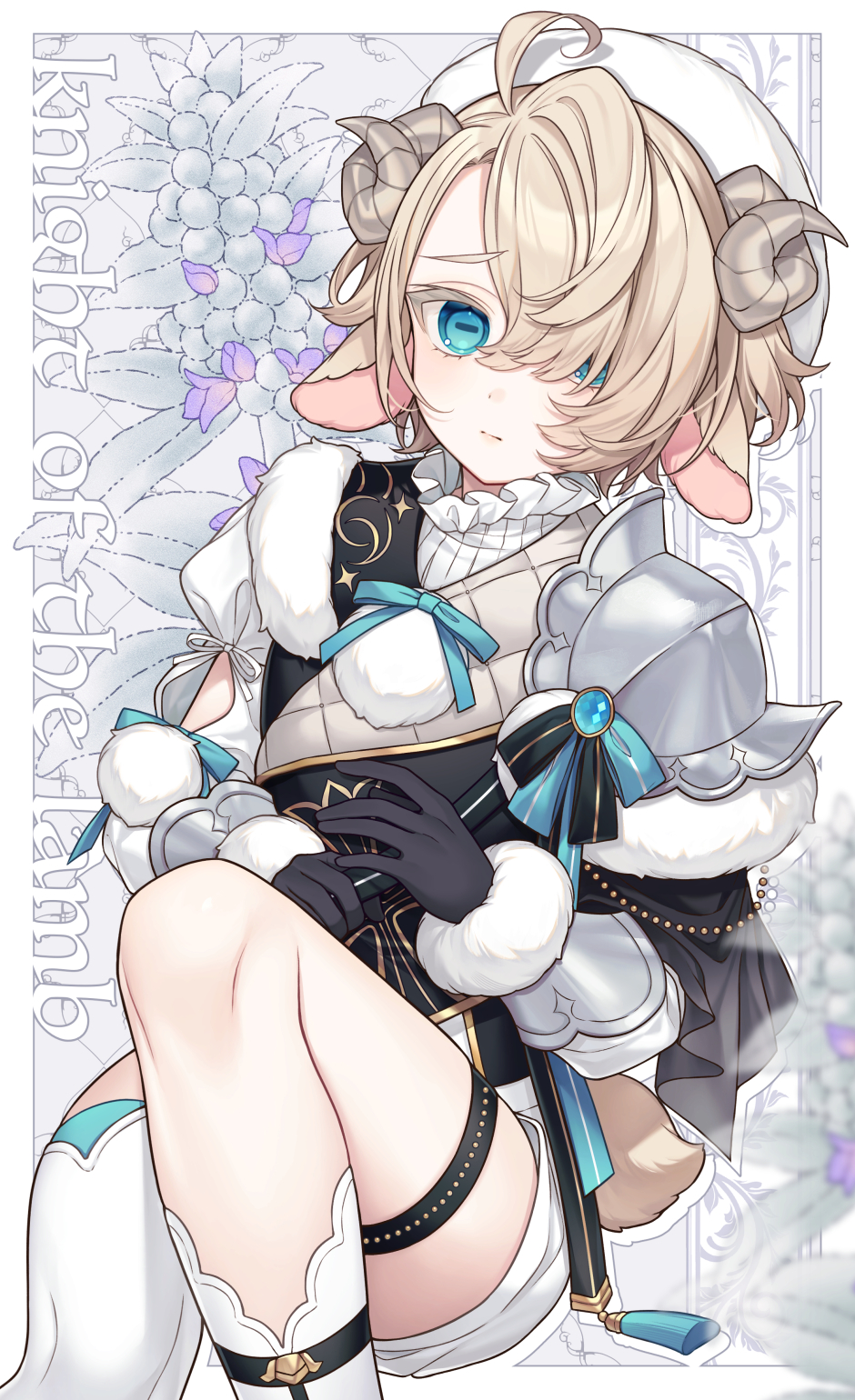 1boy, animal_ears, armor, asymmetrical_legwear, beret, black_gloves, blue_eyes, brown_hair, closed_mouth, commentary_request, feet_out_of_frame, fur-trimmed_gloves, fur_trim, gloves, hair_over_one_eye, hat, highres, horizontal_pupils, horns, karokuchitose, long_sleeves, looking_at_viewer, male_focus, original, pauldrons, puffy_long_sleeves, puffy_sleeves, sheep_boy, sheep_ears, sheep_horns, short_shorts, shorts, shoulder_armor, single_pauldron, single_thighhigh, socks, solo, thigh-highs, white_hat, white_shorts, white_socks, white_thighhighs