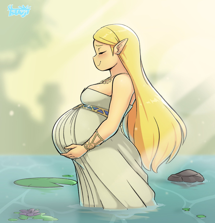 big_belly, blonde_hair, blush, breasts, closed_eyes, closed_mouth, dress, hands_on_own_stomach