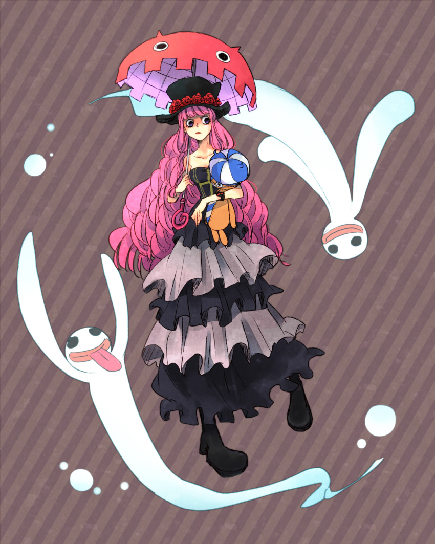 dress, drill_hair, flower, frilled_dress, frills, ghost, hat, highres, kumacy, kuta_(maka), long_hair, one_piece, perona, pink_hair, purple_eyes, red_rose, rose, stuffed_animal, stuffed_toy, top_hat, umbrella, violet_eyes, watch, wristwatch