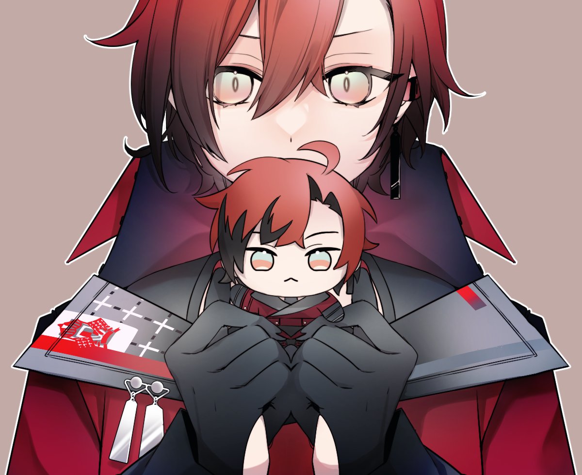 029jrr, 1boy, ahoge, black_gloves, character_doll, coat, covered_mouth, gloves, hair_between_eyes, high_collar, holding, holding_stuffed_toy, holostars, holostars_english, long_sleeves, looking_at_viewer, machina_x_flayon, male_focus, red_coat, redhead, short_hair, solo, stuffed_toy, virtual_youtuber